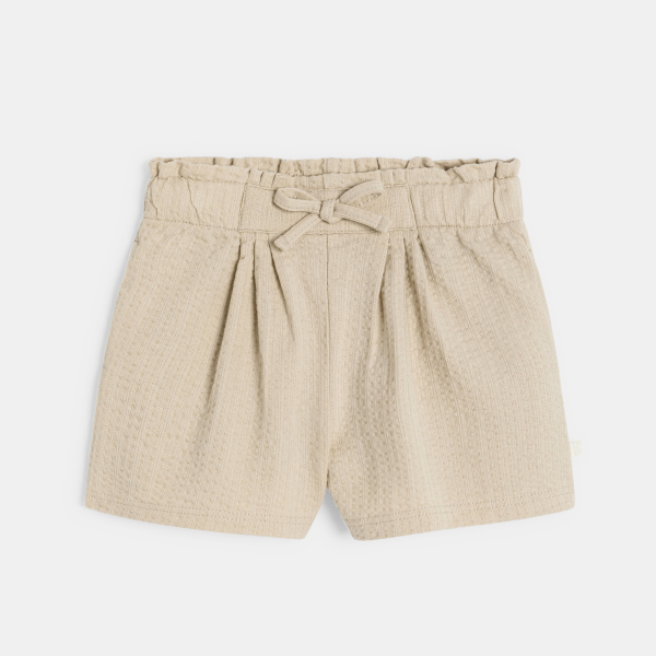 شورت بخصر عالٍ من القطن الفاخر، اللون بيج، للطفلة الصغيرة